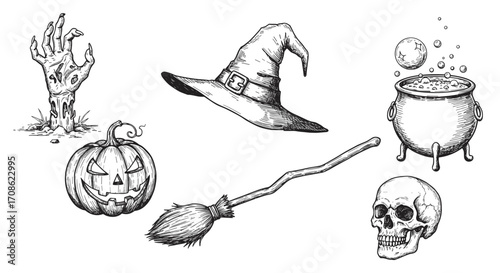 Vintage ink sketch engraving Halloween collection – zombie hand from grave, jack-o’-lantern, witch broom, witch crystal ball, witch hat, magic cauldron with potion, skull svg