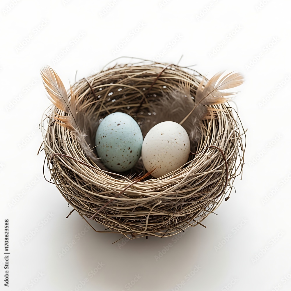 Fototapeta premium Bird nest with eggs isolated on white background, top view