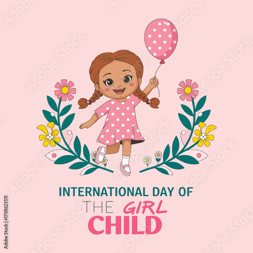 Vector art of international day of the girl child on october 11, showing a happy cartoon girl with pigtails holding a balloon, surrounded by flowers