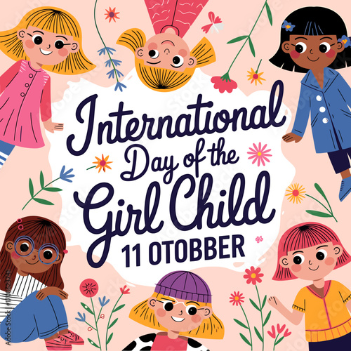 Vector art of collage of diverse girls with flowers and text celebrating international day of the girl child on october 11th