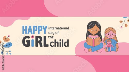 Vector art of happy international day of the girl child banner with two girls reading and playing, celebrating childhood and education