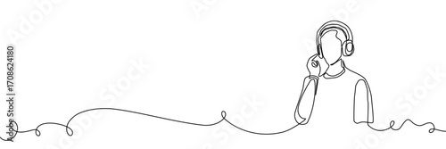 Continuous one line art headphone music drawing support podcast center client illustration. Microphone continuous one line assistance call radio employee agent recording record technical man dj office