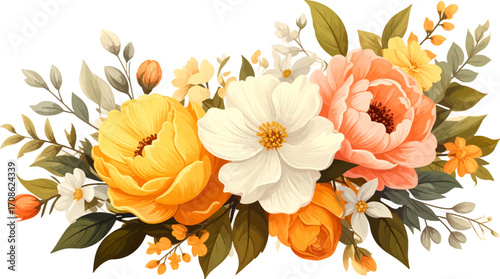 Soft peach and yellow flower bouquet. Charming floral art with pastel tones. Elegant peach, white, and yellow flowers. Spring-inspired floral design with roses. Warm floral arrangement in pastel color