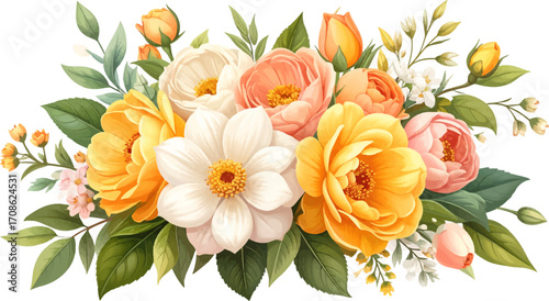 Peach and white flowers for home decor. Soft pastel floral composition with peonies. Delicate bouquet of peach blooms. Spring floral art with peach roses. Warm and inviting peach floral arrangement