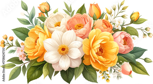 Elegant floral bouquet with peonies. Bright yellow and white flower arrangement. Charming spring floral design with roses. Fresh and colorful floral art bouquet. Peonies and roses in soft pastel hues
