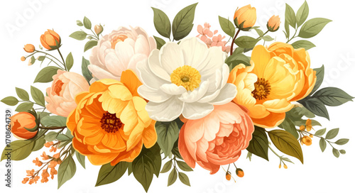 Soft floral art with peonies and roses. Beautiful garden-inspired floral design. Elegant bouquet with pastel peonies. Bright floral arrangement with orange hues. Romantic floral illustration for decor