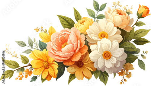 Soft floral art with orange, white. Elegant floral bouquet design for decor. Detailed flower artwork with yellow roses. Stylish spring floral illustration artwork. Charming bouquet design with peonies