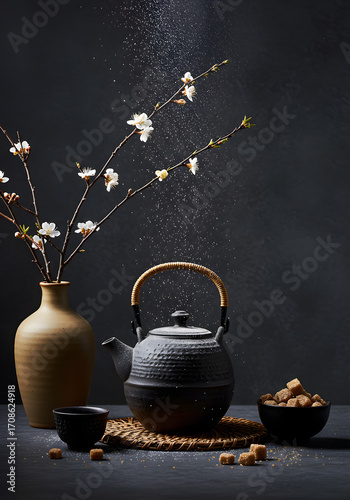 Tranquil harmony of japanese tea ceremony essentials with blooming cherry blossoms and a rustic textured backdrop