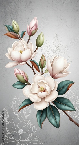 Elegant Magnolia Flower Branch Illustration with Sketchy Outline on Textured Background