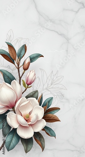 Elegant Magnolia Flower Branch on Marble Background for Floral Design and Botanical Art
