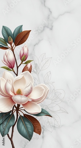 Elegant Magnolia Flower Branch Watercolor Illustration on Marble Background for Spring Design