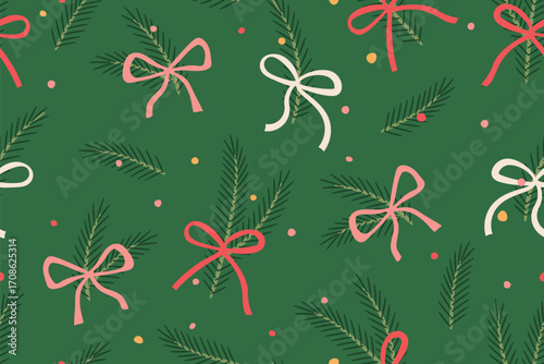 christmas seamless pattern with fir tree branches and colorful bows; great for wrapping, greeting cards, social media graphics- vector illustration