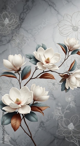 Elegant Magnolia Flowers on Marble Background Floral Design for Website or Print
