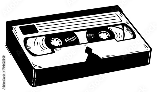 Retro VHS Cassette Tape Front View Black and White Outline Line Art Drawing Vintage Style