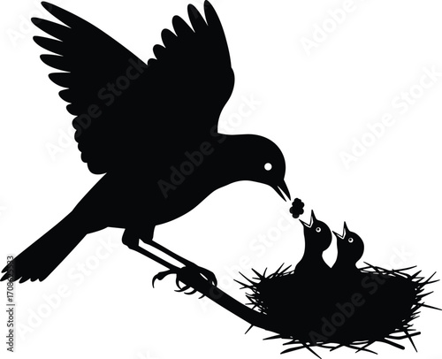Silhouette of a Bird Feeding Two Hungry Baby Birds in Nest on Branch, Parental Care Wildlife Scene,Silhouette of a Bird Feeding Two Hungry Baby Birds in Nest on Branch, Parental Care Wildlife Scene,