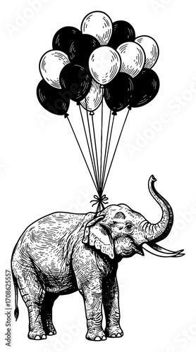 Magnificent Elephant Floating in Air Carried by Many Balloons Black and White Outline Line Art Drawing