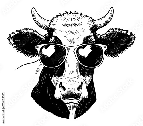 Funny Cow Wearing Cool Sunglasses Black and White Outline Line Art Drawing Detailed Illustration