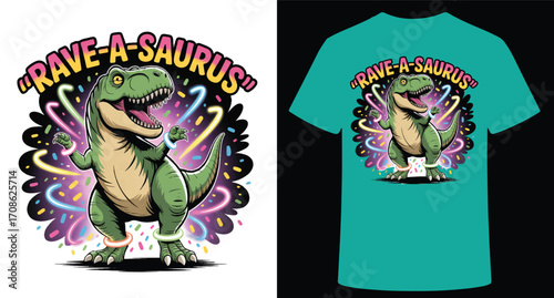 Energetic tyrannosaurus rex dinosaur character dancing with neon lights and rave a saurus text isolated on transparent background