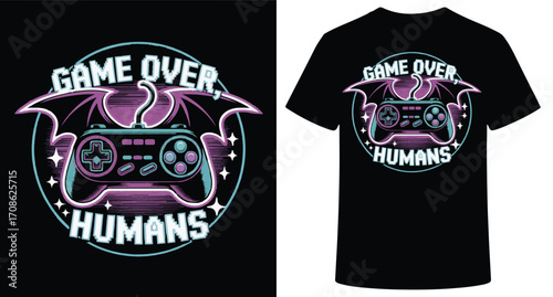 Retro gaming controller with bat wings and neon glow text reading game over humans isolated on transparent background