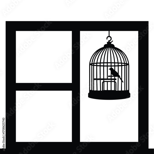 Black silhouette of a bird in a cage hanging inside a window frame birdcage black and white
