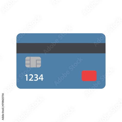 A blue credit card with a chip and a red square is shown against a white background.