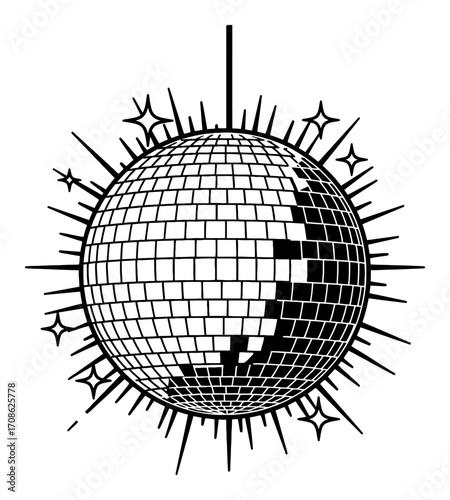 Disco Ball with Sparkling and Sun Ray Effect Black and White Outline Line Art Drawing
