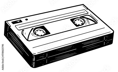 Retro VHS Cassette Tape Black and White Outline Line Art Drawing Isolated Old Vintage Media