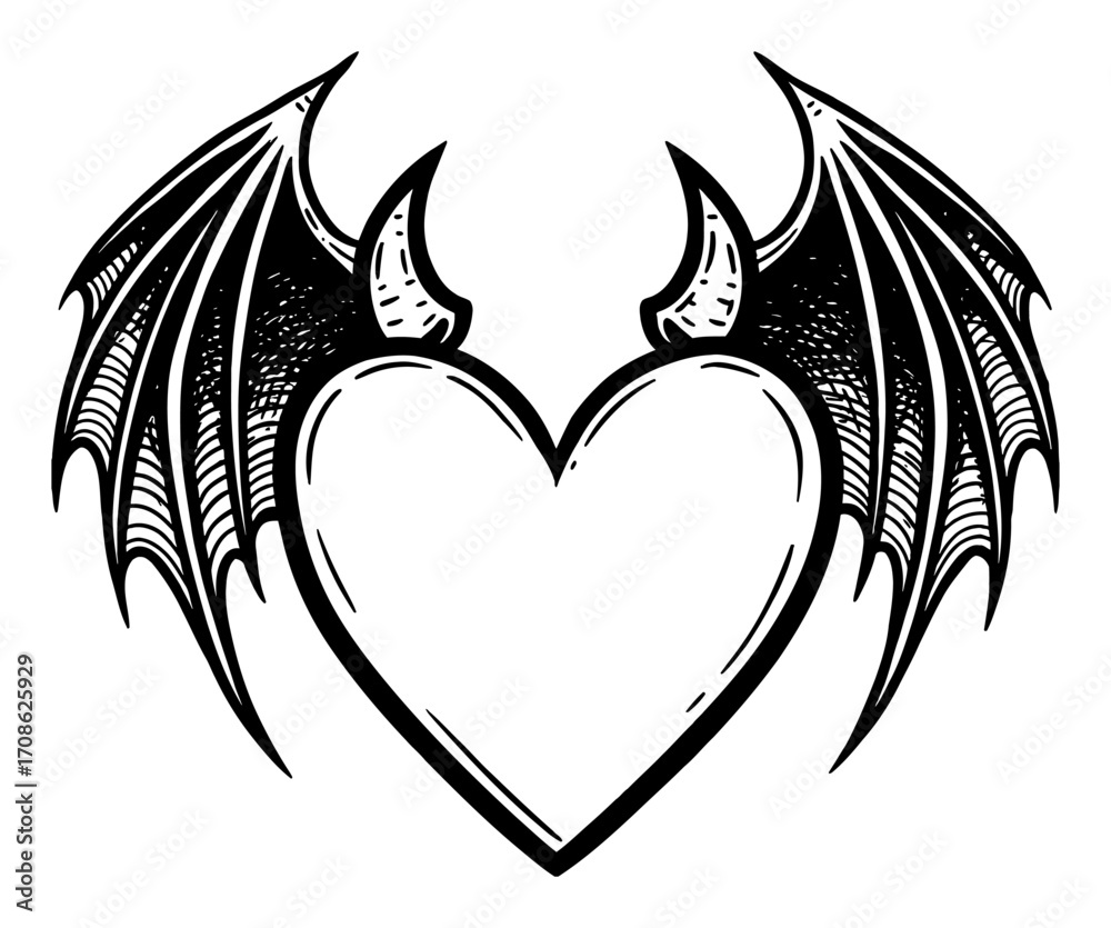 Naklejka premium Love Shape with Devil Bat Wings and Horns Spooky Halloween Black and White Outline Line Art Drawing