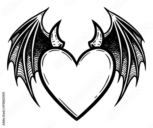 Love Shape with Devil Bat Wings and Horns Spooky Halloween Black and White Outline Line Art Drawing
