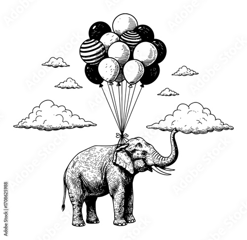 Elephant Floating in Air Carried by Balloons Amidst Clouds Black and White Outline Line Art Drawing