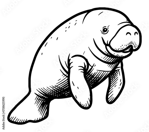 Adorable Manatee Cartoon Style Swimming Black and White Outline Line Art Drawing Isolated Marine Creature