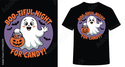 Cute cartoon ghost with pumpkin candy bucket and bats on a purple oval background with text isolated on transparent background