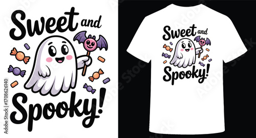 Cute friendly cartoon ghost character holding a spooky lollipop candy surrounded by halloween sweets isolated on transparent background