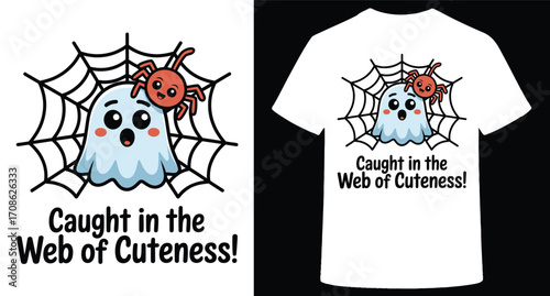 Cute cartoon ghost and spider caught in a spiderweb with text caught in the web of cuteness isolated on transparent background
