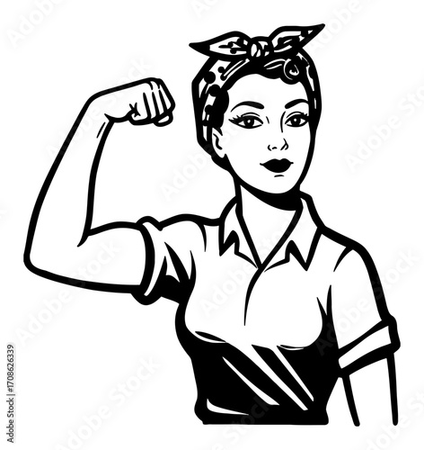 Beautiful Retro Woman Flexing Arm Woman Power Symbol Black and White Outline Line Art Drawing