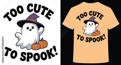 Adorable cartoon ghost wearing a witch hat and holding pumpkins saying too cute to spook isolated on transparent background