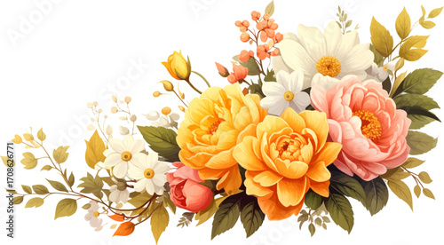 Fresh spring floral arrangement. Vibrant yellow and white flowers. Elegant floral art with soft hues. Lush floral design for invitations. Romantic blossom bouquet. Bright flowers in pastel tones