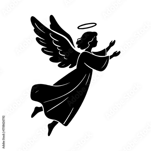Flying angel silhouette with halo and wings in classic black style on white background, representing peace, spirituality, and protection