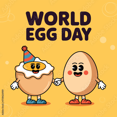 Vector art of two cute cartoon eggs holding hands, one wearing a party hat, celebrating world egg day on a yellow background