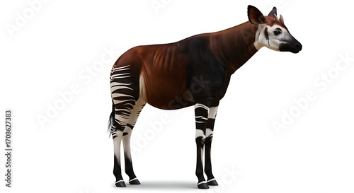 Majestic okapi with striking zebra-like leg markings stands elegantly against a clean white background