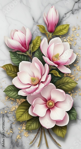 Elegant Pink Magnolia Flowers on Marble Background for Wedding and Floral Design Use