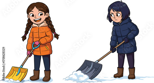 Two girls shoveling snow outside wearing warm winter jackets and boots, showing different emotions while clearing snow during cold winter weather season activities.Two girls shoveling snow outside  