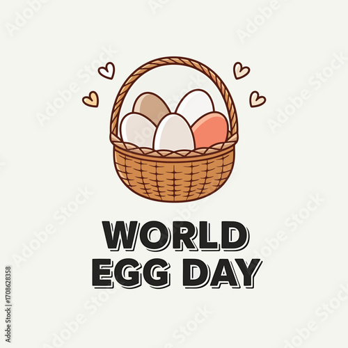 Vector art of a woven basket filled with various colored eggs and small hearts floating around, with the text world egg day below, isolated on a light cream background