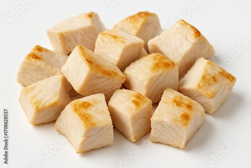 Cooked Chicken Breast Cubes on White Background