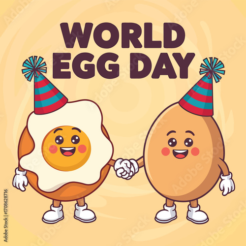 Vector art of two cute cartoon eggs wearing party hats holding hands to celebrate world egg day on a yellow background