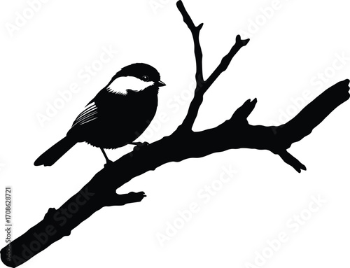Black and white silhouette vector of a small bird perched on a bare tree branch with twigs in a minimal nature-themed wildlife illustrationBlack and white 
