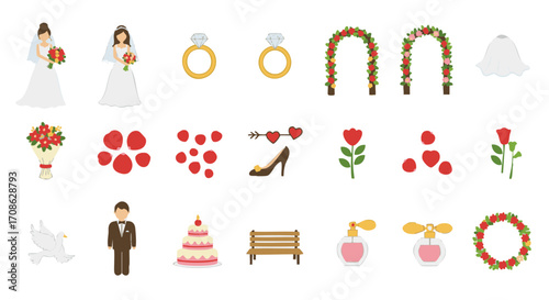Wedding icons set flat colorful vector isolated on white background