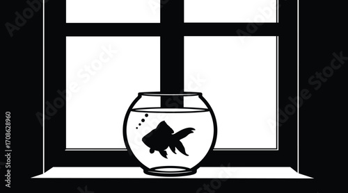 Black silhouette of a goldfish in a round bowl on a windowsill against a window frame aquarium water