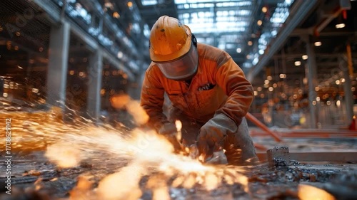 Industrial Worker Grinding Metal.