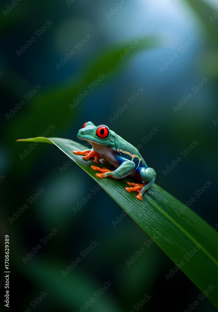 Naklejka premium Vibrant emerald amphibian observing from a vivid verdant leaf in a blurred forest scene evoking the beauty of tropical